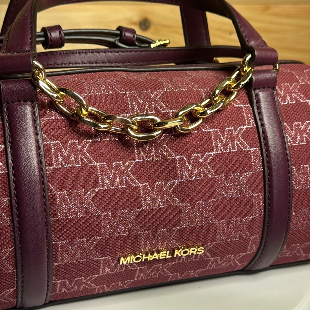 Michael Kors Zooey Medium Barrel Messenger Bag Mulberry Jacquard - Picture 11 of 16